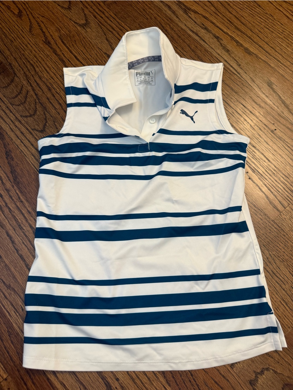 Puma Girls White Navy Striped Golf Sleeveless Polo Size M